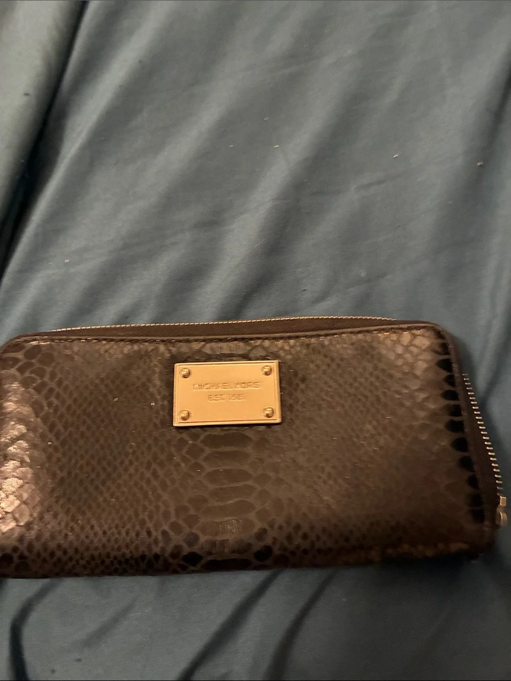 Michael Kors Black Snake-Embossed Zip-Around Wallet with Gold Plaque